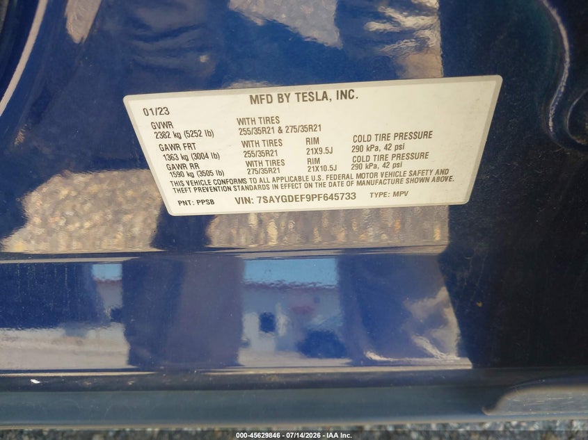 2023 Tesla Model y VIN 7SAYGDEF9PF645733 IAAI salvage auction — REAR END, Salvage Title, sold $12,100 on 2026-07-25 (photo 9)