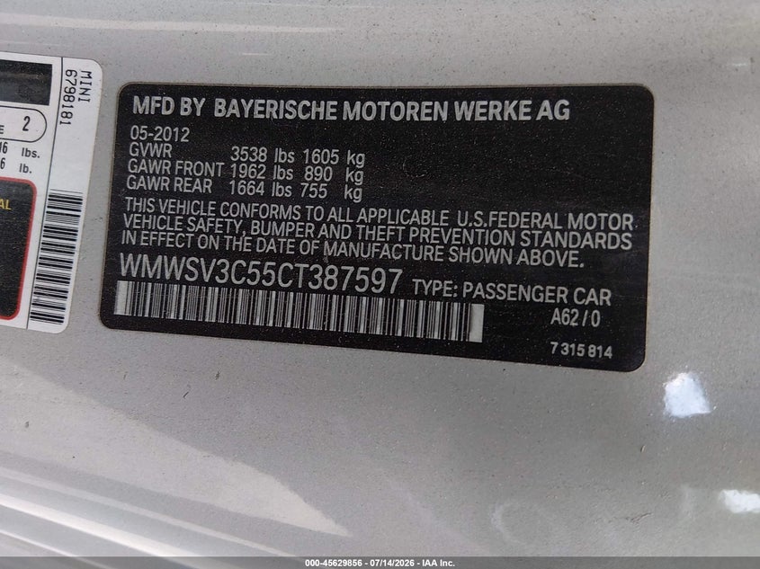 2012 Mini Cooper VIN WMWSV3C55CT387597 IAAI salvage auction — NORMAL WEAR, Salvage Title, sold $600 on 2026-07-17 (photo 9)