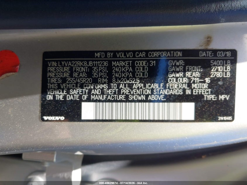 2018 Volvo Xc60 VIN LYVA22RK8JB111236 IAAI salvage auction — FRONT END, Salvage Title, sold $7,200 on 2026-08-05 (photo 9)