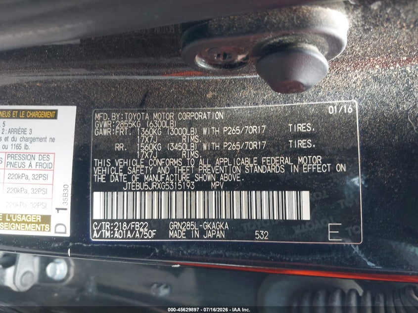 2016 Toyota 4runner VIN JTEBU5JRXG5315193 IAAI salvage auction — RIGHT SIDE, Salvage Certificate (California), sold $7,300 on 2026-07-24 (photo 9)