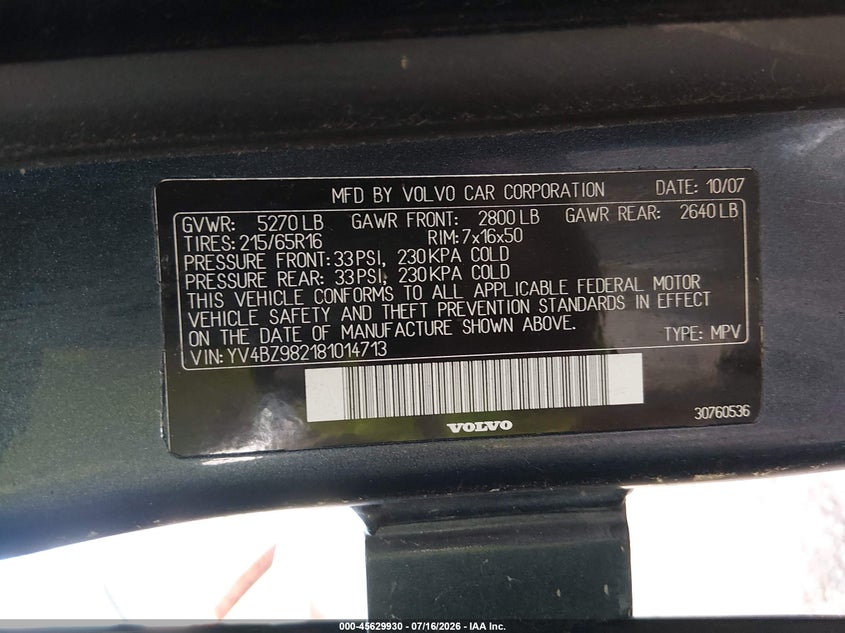 2008 Volvo Xc70 VIN YV4BZ982181014713 IAAI salvage auction — NORMAL WEAR, Original (Vermont), sold $25 on 2026-07-23 (photo 9)