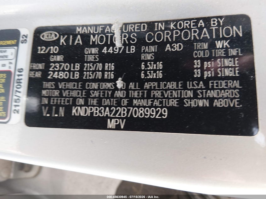 2011 Kia Sportage VIN KNDPB3A22B7089929 IAAI salvage auction — NORMAL WEAR, Clear (South Carolina), sold $1,800 on 2026-07-21 (photo 9)