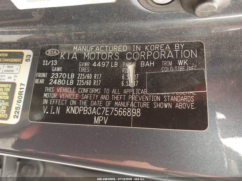 2014 Kia Sportage VIN KNDPB3AC7E7566898 IAAI salvage auction — NORMAL WEAR, Salvage Title, sold $1,250 on 2026-07-22 (photo 9)