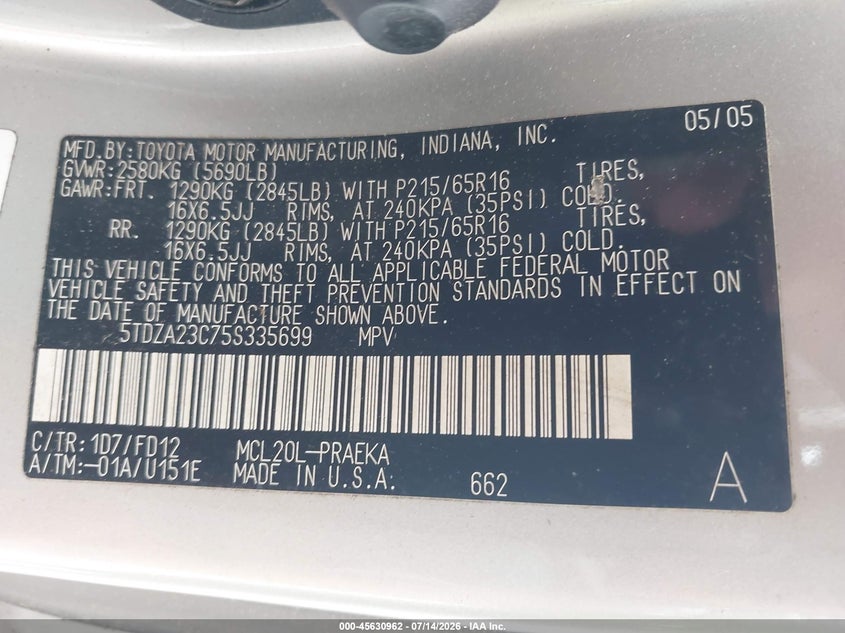 2005 Toyota Sienna VIN 5TDZA23C75S335699 IAAI salvage auction — NORMAL WEAR, Clear (Florida), sold $1,000 on 2026-07-20 (photo 9)