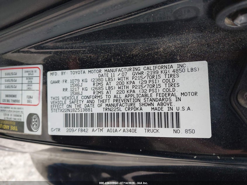 2008 Toyota Tacoma VIN 5TETX22N18Z513881 IAAI salvage auction — NORMAL WEAR, Clear (Georgia), sold $3,500 on 2026-07-17 (photo 9)