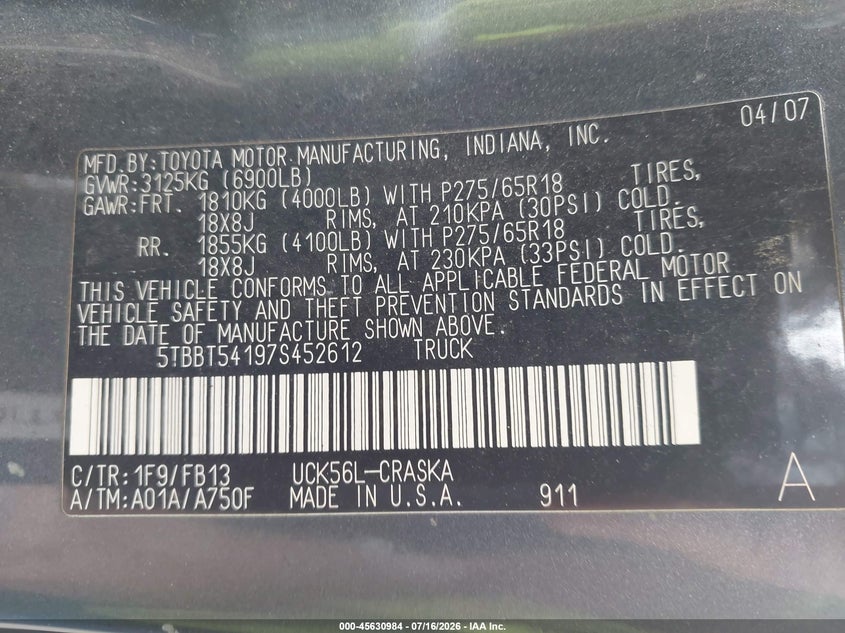 2007 Toyota Tundra VIN 5TBBT54197S452612 IAAI salvage auction — UNDERCARRIAGE, Clear (New York), sold $1,550 on 2026-07-30 (photo 9)