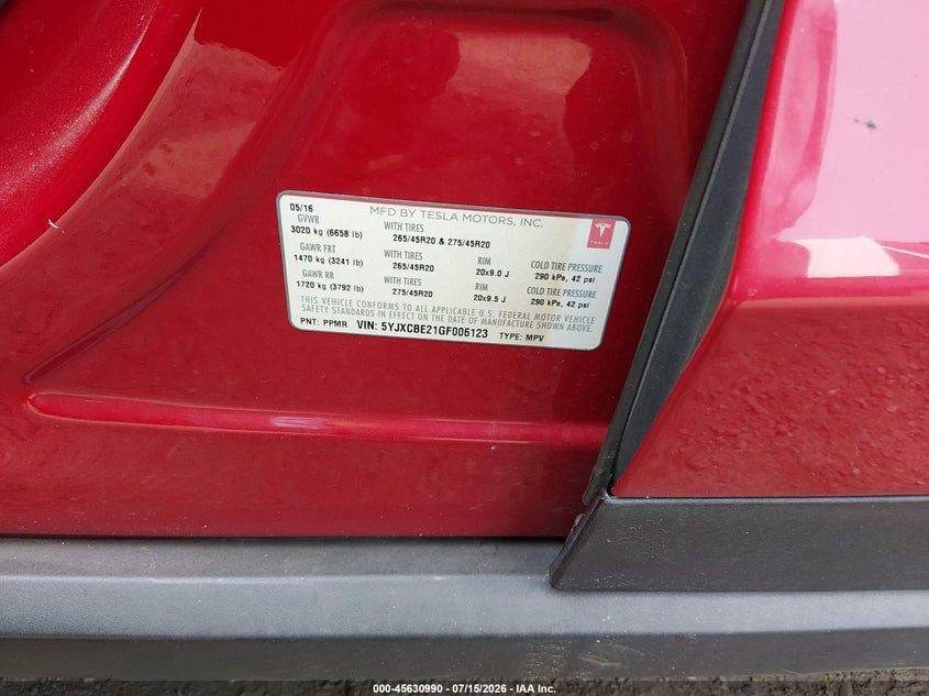 2016 Tesla Model x VIN 5YJXCBE21GF006123 IAAI salvage auction — FRONT END, Salvage Title, sold $7,500 on 2026-08-31 (photo 9)