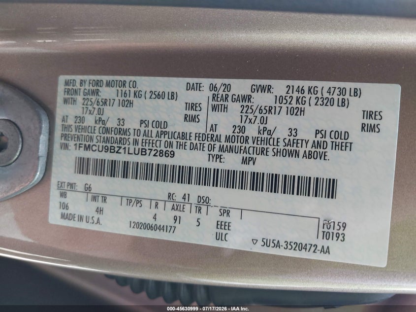 2020 Ford Escape VIN 1FMCU9BZ1LUB72869 IAAI salvage auction — FRONT END, Salvage Title, sold $4,150 on 2026-07-25 (photo 9)