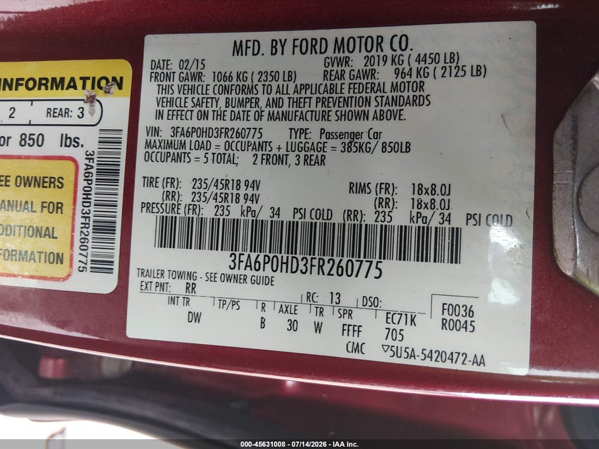 2015 Ford Fusion VIN 3FA6P0HD3FR260775 IAAI salvage auction — NORMAL WEAR, Original (Texas), sold $1,725 on 2026-07-22 (photo 9)