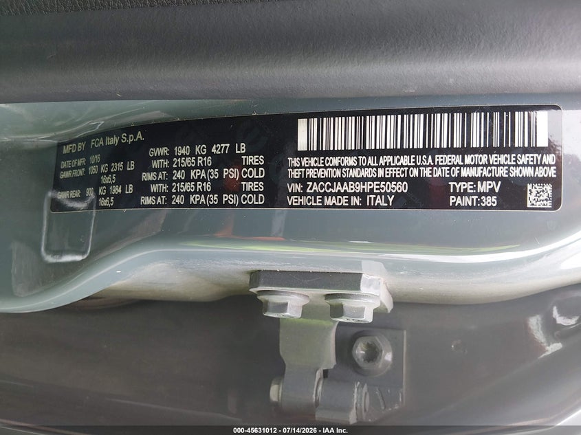 2017 Jeep Renegade VIN ZACCJAAB9HPE50560 IAAI salvage auction — RIGHT FRONT, Salvage Title, sold $1,450 on 2026-08-01 (photo 9)