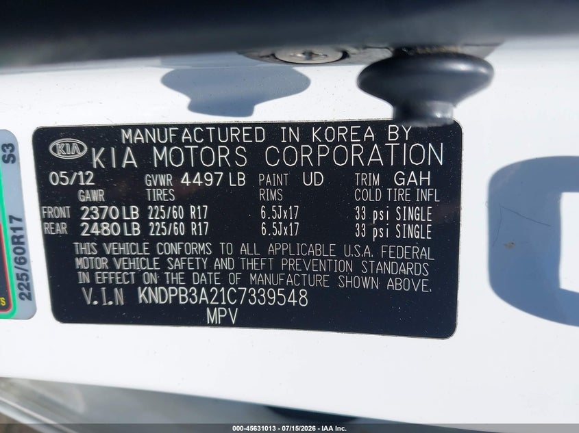 2012 Kia Sportage VIN KNDPB3A21C7339548 IAAI salvage auction — FRONT END, Salvage Title, sold $2,450 on 2026-08-02 (photo 9)