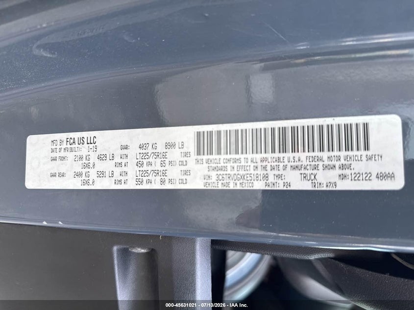 2019 Ram Promaster 2500 VIN 3C6TRVDGXKE518108 IAAI salvage auction — NORMAL WEAR, Clear (Massachusetts), sold $7,550 on 2026-07-22 (photo 9)