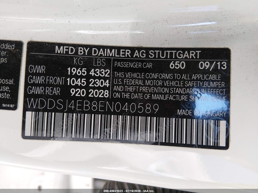 2014 Mercedes-benz Cla-klasse VIN WDDSJ4EB8EN040589 IAAI salvage auction — ENGINE DAMAGE, Clear (California), sold $25 on 2026-07-24 (photo 9)