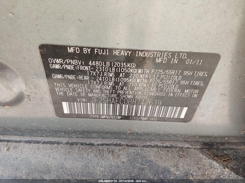 2011 Subaru Forester VIN JF2SHAEC0BH742639 IAAI salvage auction — NORMAL WEAR, Clear (Virginia), sold $375 on 2026-07-30 (photo 9)