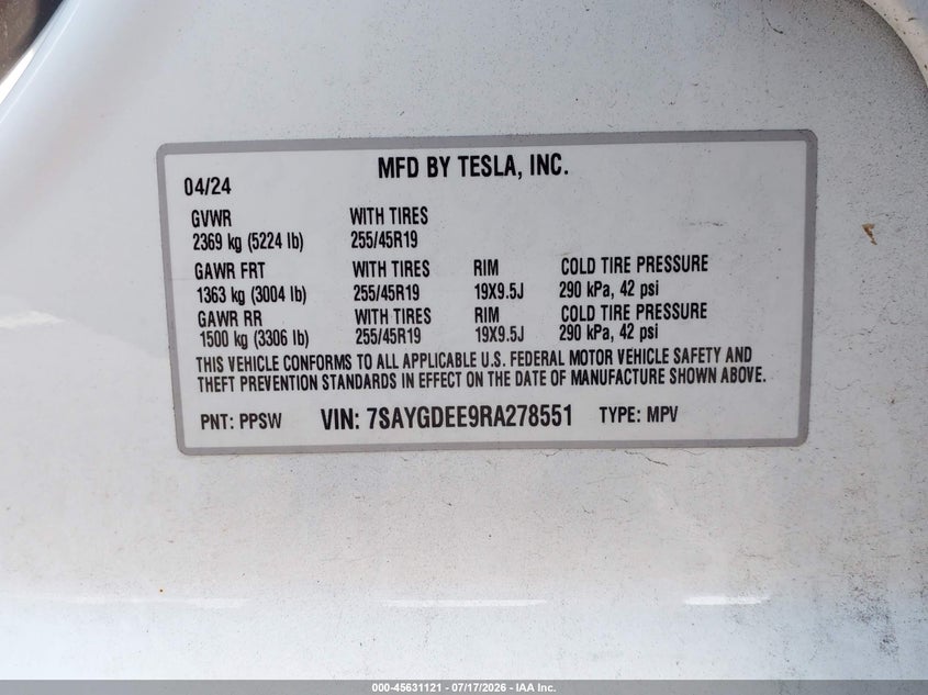 2024 Tesla Model y VIN 7SAYGDEE9RA278551 IAAI salvage auction — FRONT & REAR, Salvage (New Jersey), sold $16,000 on 2026-08-01 (photo 9)
