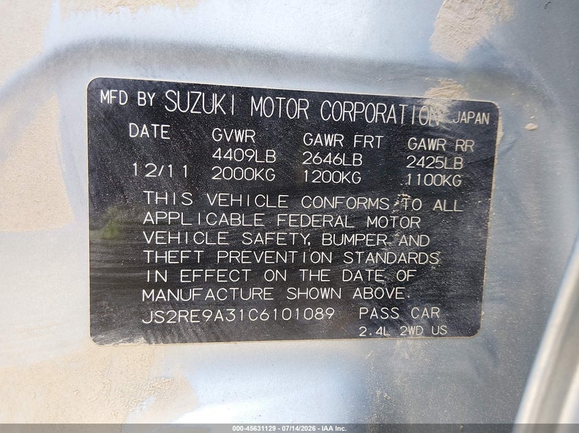 2012 Suzuki Kizashi VIN JS2RE9A31C6101089 IAAI salvage auction — NORMAL WEAR, Clear (Kansas), sold $250 on 2026-07-31 (photo 9)
