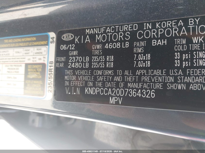 2013 Kia Sportage VIN KNDPCCA20D7364326 IAAI salvage auction — NORMAL WEAR, Salvage Title, sold $25 on 2026-07-21 (photo 9)