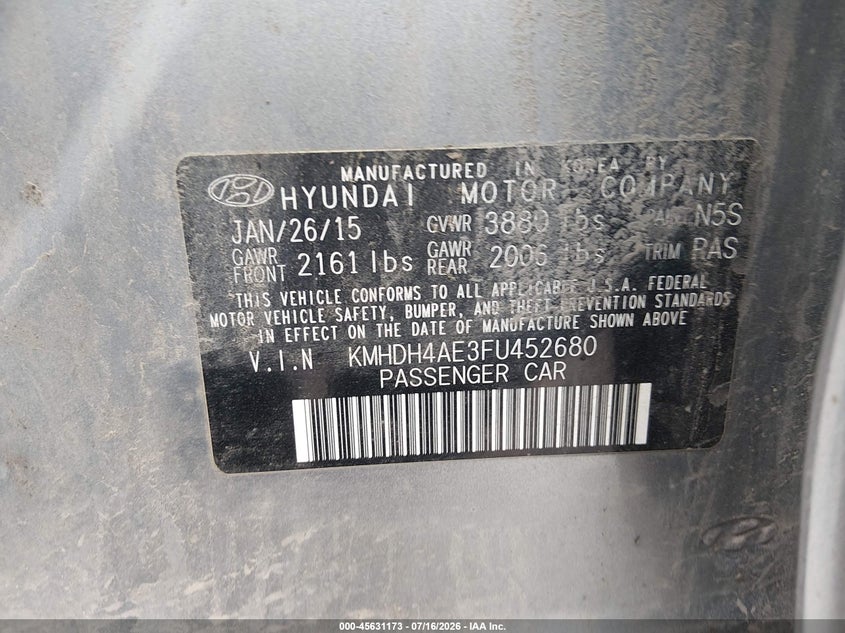 2015 Hyundai Elantra VIN KMHDH4AE3FU452680 IAAI salvage auction — NORMAL WEAR, Clear (Pennsylvania), sold $575 on 2026-07-29 (photo 9)