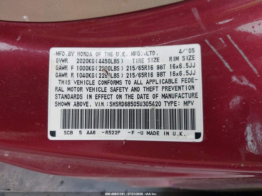 2005 Honda Cr-v VIN SHSRD68505U305420 IAAI salvage auction — NORMAL WEAR, Clear (Virginia), sold $575 on 2026-07-28 (photo 9)