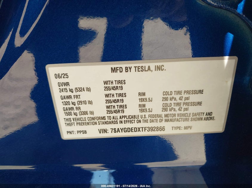 2026 Tesla Model y VIN 7SAYGDEDXTF392866 IAAI salvage auction — FRONT END, Salvage (California), sold $18,975 on 2026-07-15 (photo 9)