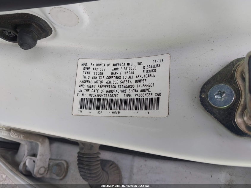 2016 Honda Accord VIN 1HGCR2F54GA206283 IAAI salvage auction — FRONT END, Salvage Title, sold $1,850 on 2026-07-24 (photo 9)