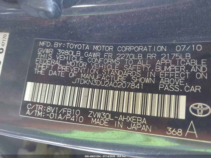 2010 Toyota Prius VIN JTDKN3DU2A0207841 IAAI salvage auction — NORMAL WEAR, Clear-Dealer Only (Arizona), sold $475 on 2026-07-28 (photo 9)