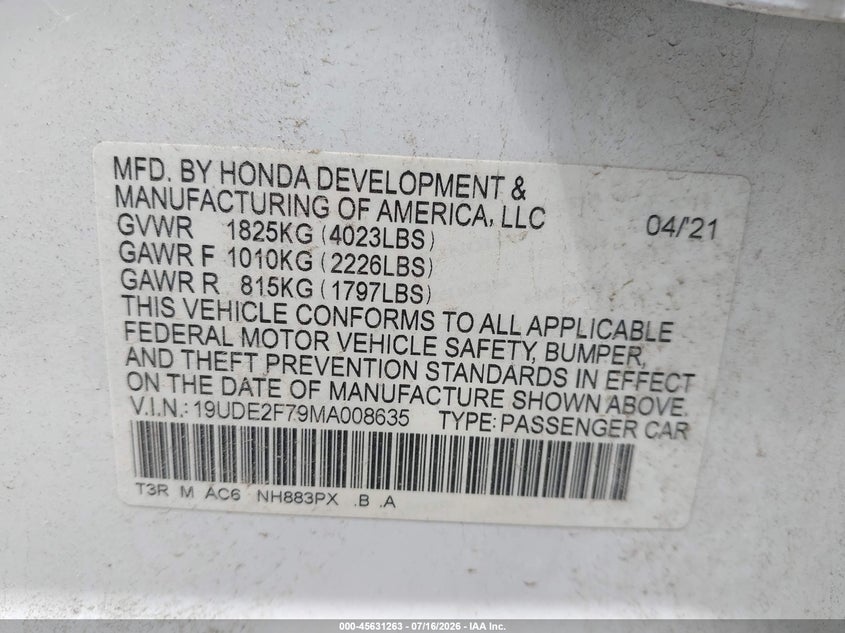 2021 Acura Ilx VIN 19UDE2F79MA008635 IAAI salvage auction — LEFT FRONT, Salvage (Missouri), sold $25 on 2026-07-28 (photo 9)