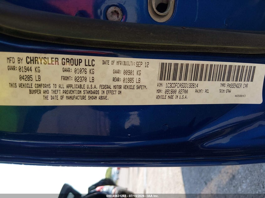 2013 Dodge Dart VIN 1C3CDFCA5DD132814 IAAI salvage auction — RIGHT REAR, Salvage (Missouri), sold $400 on 2026-08-19 (photo 9)