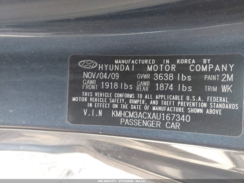2010 Hyundai Accent VIN KMHCM3ACXAU167340 IAAI salvage auction — FRONT END, Salvage (Pennsylvania), sold $200 on 2026-07-26 (photo 9)