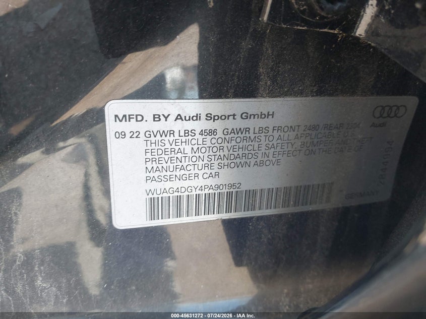2023 Audi VIN WUAG4DGY4PA901952 IAAI salvage auction — MECHANICAL, Wait Title, sold $16,100 on 2026-08-03 (photo 9)