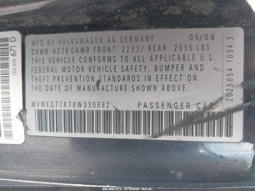2008 Volkswagen Gti VIN WVWED71K78W330682 IAAI salvage auction — ALL OVER, Clear (Florida), sold $250 on 2026-07-30 (photo 9)