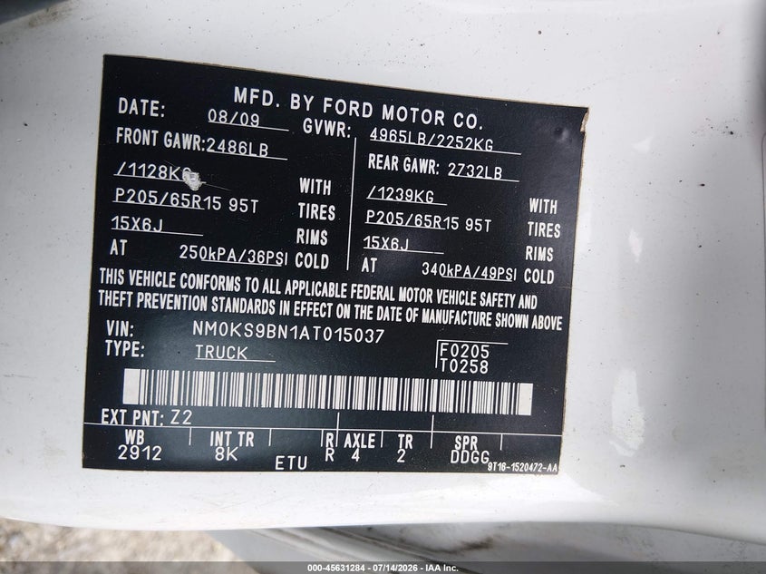 2010 Ford Transit connect VIN NM0KS9BN1AT015037 IAAI salvage auction — UNKNOWN, Clear (Georgia), sold $1,625 on 2026-07-30 (photo 9)