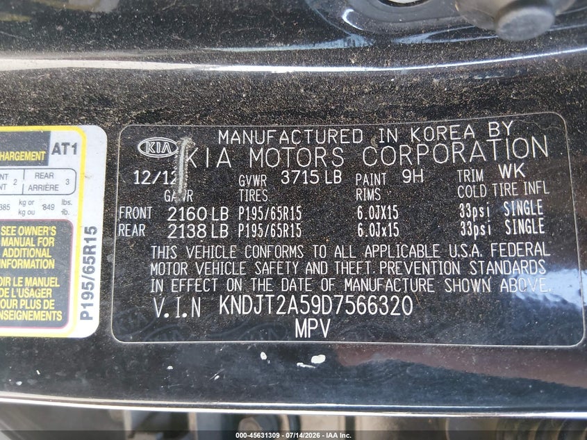 2013 Kia Soul VIN KNDJT2A59D7566320 IAAI salvage auction — NORMAL WEAR, Clear - Public Restricted (Oregon), sold $150 on 2026-07-18 (photo 9)