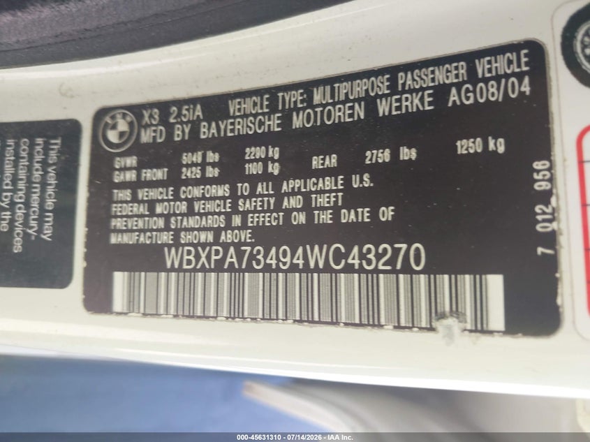 2004 BMW X3 VIN WBXPA73494WC43270 IAAI salvage auction — NORMAL WEAR, Clear - Dealer Only (California), sold $325 on 2026-07-29 (photo 9)