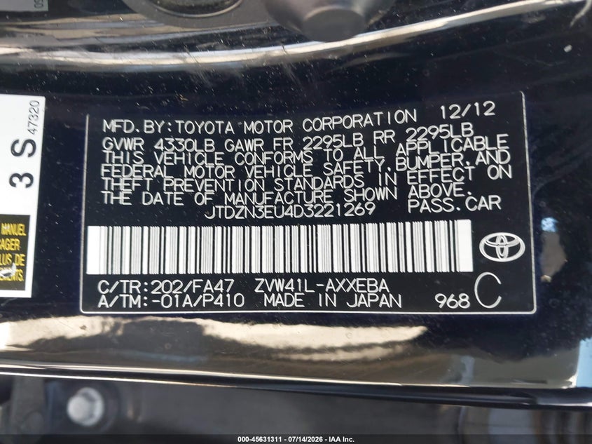 2013 Toyota Prius v VIN JTDZN3EU4D3221269 IAAI salvage auction — NORMAL WEAR, Clear-Dealer Only (Oregon), sold $2,550 on 2026-07-29 (photo 9)