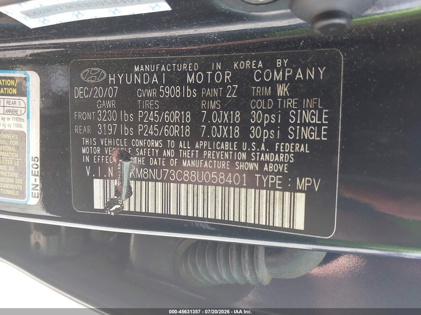 2008 Hyundai Veracruz VIN KM8NU73C88U058401 IAAI salvage auction — NORMAL WEAR, Clear (Florida), sold $775 on 2026-07-23 (photo 9)