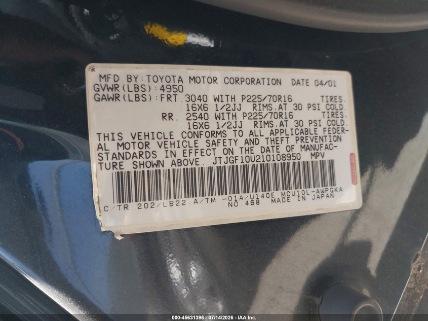 2001 Lexus Rx 300 VIN JTJGF10U210108950 IAAI salvage auction — NORMAL WEAR, Clear - Dealer Only (California), sold $750 on 2026-07-15 (photo 9)