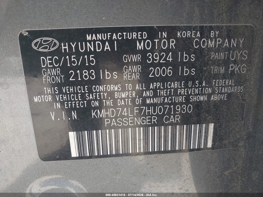 2017 Hyundai Elantra VIN KMHD74LF7HU071930 IAAI salvage auction — NORMAL WEAR, Clear (Arkansas), sold $575 on 2026-07-29 (photo 9)