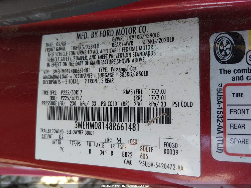 2008 Mercury Milan VIN 3MEHM08148R661481 IAAI salvage auction — NORMAL WEAR, Clear - Public Restricted (Oregon), sold $225 on 2026-07-29 (photo 9)