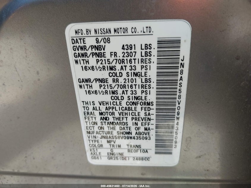 2009 Nissan Rogue sport VIN JN8AS58V09W435093 IAAI salvage auction — NORMAL WEAR, Salvage Title - Dealer (California), sold $250 on 2026-07-28 (photo 9)