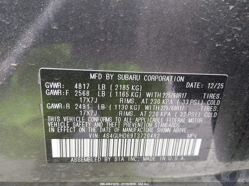 2026 Subaru Xv VIN 4S4GUHD69T3720492 IAAI salvage auction — FRONT END, Salvage (Texas), sold $8,350 on 2026-08-26 (photo 9)