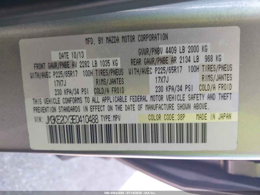 2014 Mazda Cx-5 VIN JM3KE2CY3E0410488 IAAI salvage auction — NORMAL WEAR, Clear (Maryland), sold $2,600 on 2026-07-16 (photo 9)
