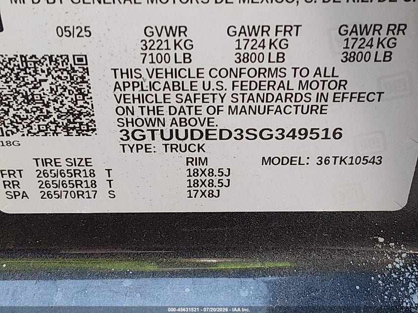 2025 Gmc SIERRA VIN 3GTUUDED3SG349516 IAAI salvage auction — UNKNOWN, Clear (Maryland), sold $21,100 on 2026-07-29 (photo 9)
