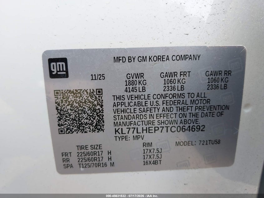 2026 Chevrolet Trax VIN KL77LHEP7TC064692 IAAI salvage auction — REAR END, Salvage Title, sold $13,500 on 2026-07-31 (photo 9)
