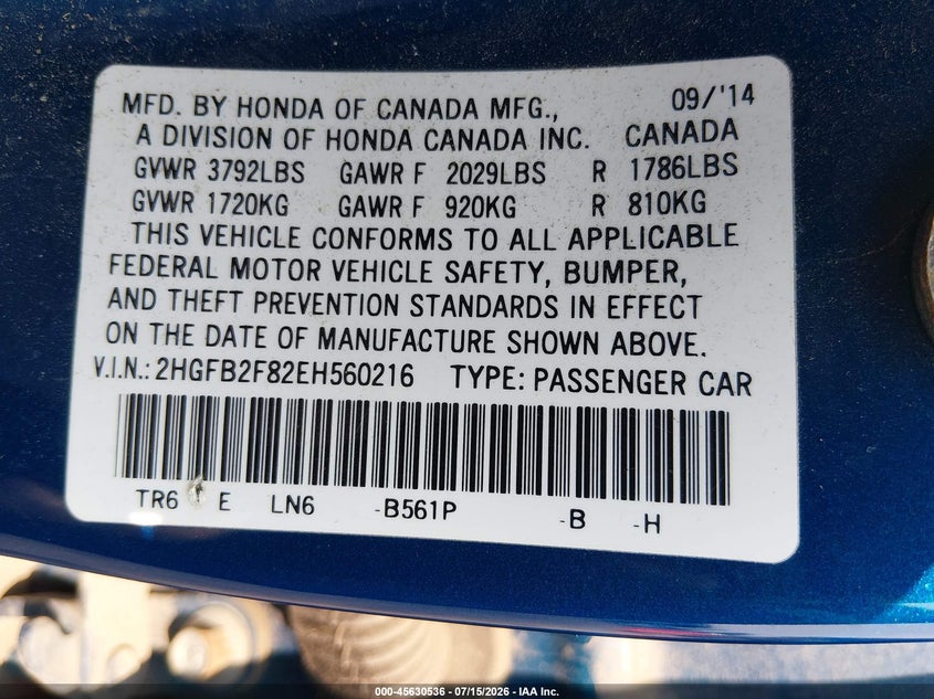 2014 Honda Civic VIN 2HGFB2F82EH560216 IAAI salvage auction — FRONT END, Salvage Title, sold $1,800 on 2026-07-23 (photo 9)