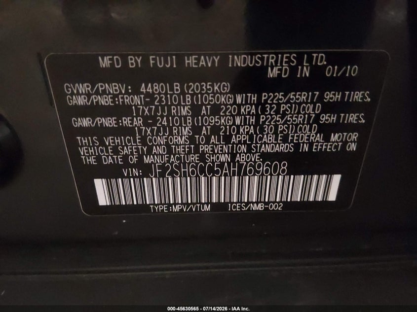 2010 Subaru Forester VIN JF2SH6CC5AH769608 IAAI salvage auction — NORMAL WEAR, Clear (Minnesota), sold $550 on 2026-07-29 (photo 9)