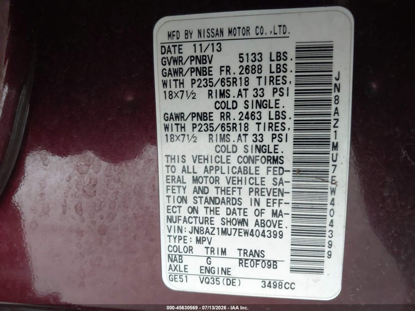 2014 Nissan Murano VIN JN8AZ1MU7EW404399 IAAI salvage auction — NORMAL WEAR, Clear - Dealer Only (California), sold $375 on 2026-07-28 (photo 9)