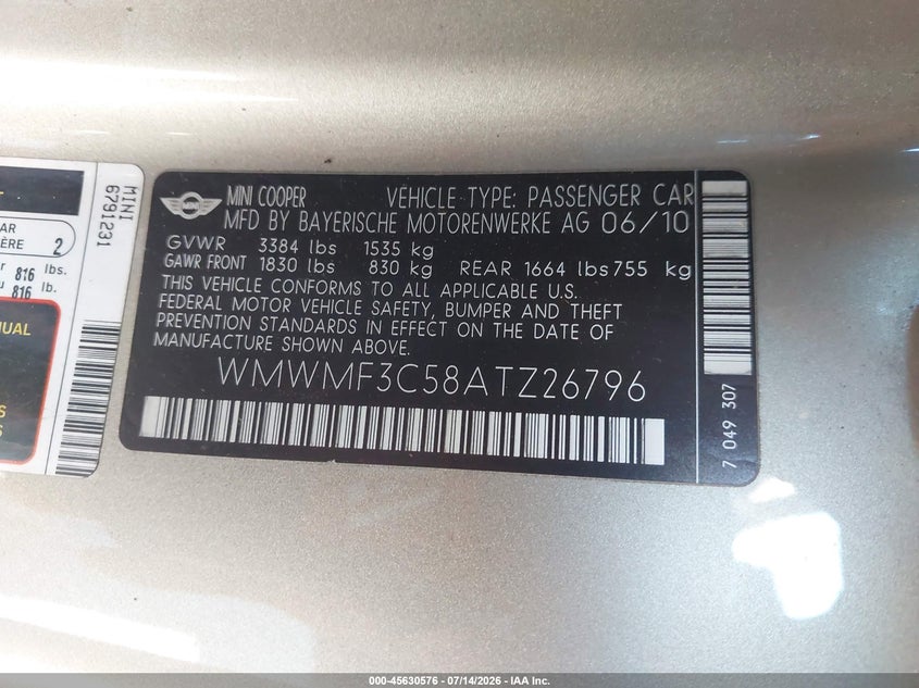 2010 Mini Cooper VIN WMWMF3C58ATZ26796 IAAI salvage auction — NORMAL WEAR, Clear - Dealer Only (California), sold $125 on 2026-07-25 (photo 9)