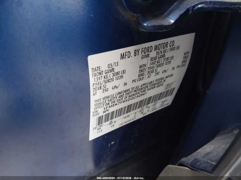 2013 Ford Explorer VIN 1FM5K7F9XDGC52541 IAAI salvage auction — FRONT END, Rebuildable (Florida), sold $1,725 on 2026-08-25 (photo 9)
