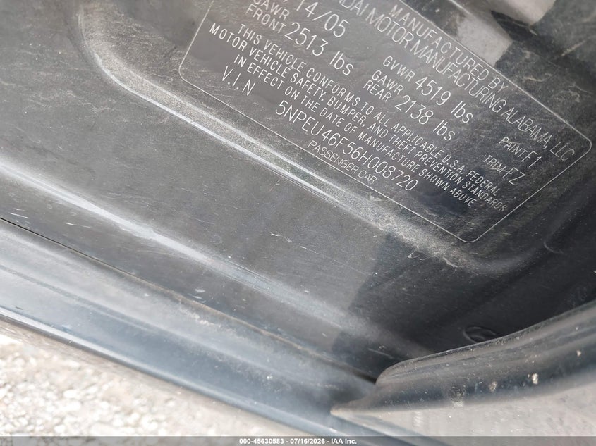 2006 Hyundai Sonata VIN 5NPEU46F56H008720 IAAI salvage auction — SIDE, Original (Texas), sold $25 on 2026-07-28 (photo 9)